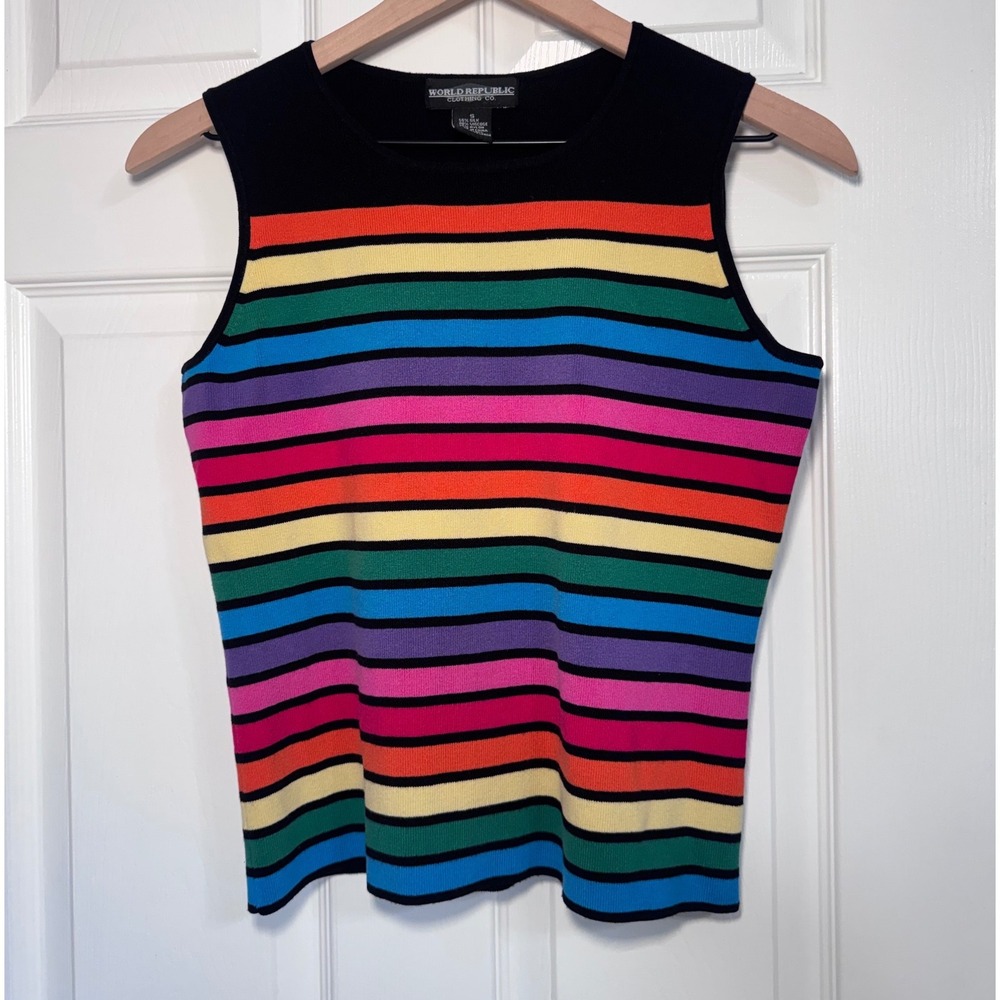 VTG Y2K World Republic Silk Blend Rainbow Stripes Sleeveless Knit Top S